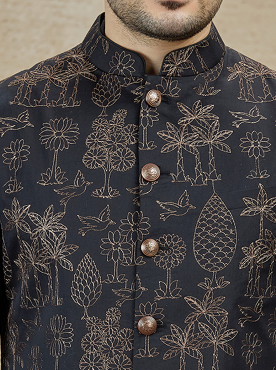 Black Embroidered Kurta Pajama with Koti | TULA