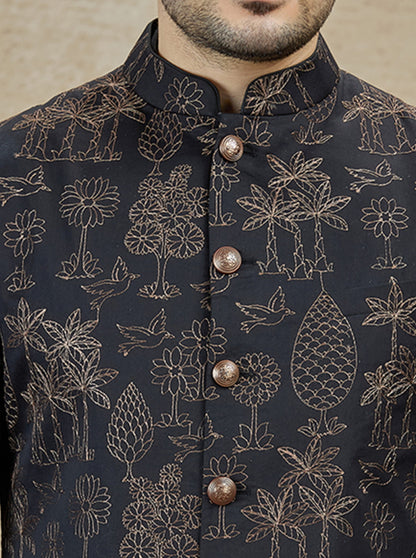 Black Embroidered Kurta Pajama with Koti | TULA