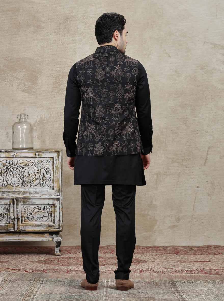 Black Embroidered Kurta Pajama with Koti | TULA