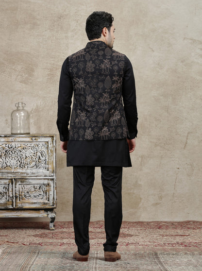 Black Embroidered Kurta Pajama with Koti | TULA