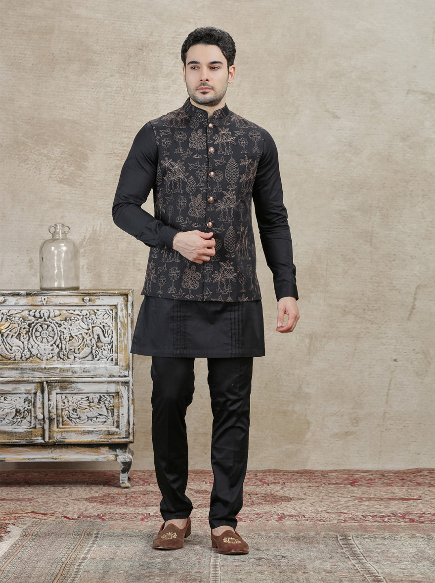 Black Embroidered Kurta Pajama with Koti | TULA