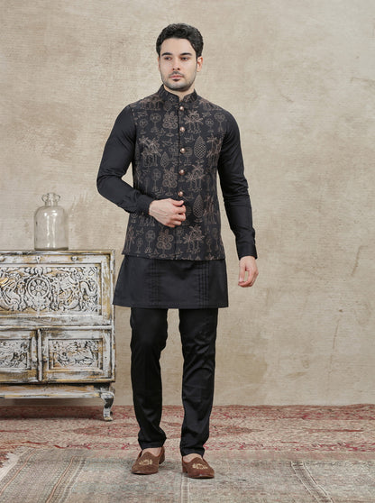 Black Embroidered Kurta Pajama with Koti | TULA