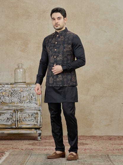 Black Embroidered Kurta Pajama with Koti | TULA