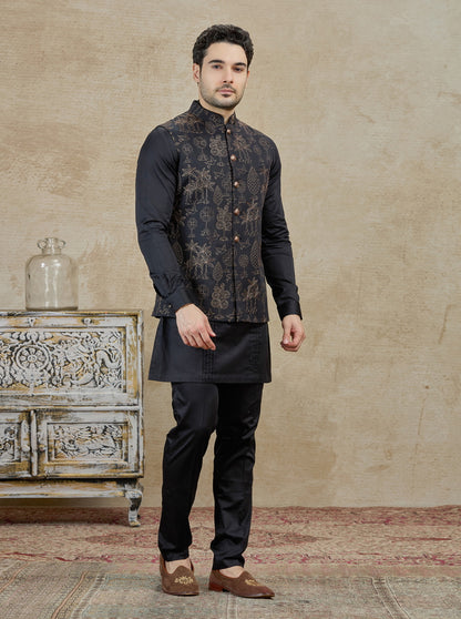 Black Embroidered Kurta Pajama with Koti | TULA