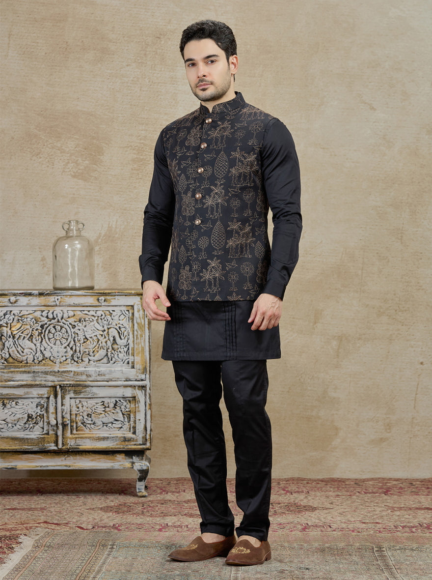 Black Embroidered Kurta Pajama with Koti | TULA