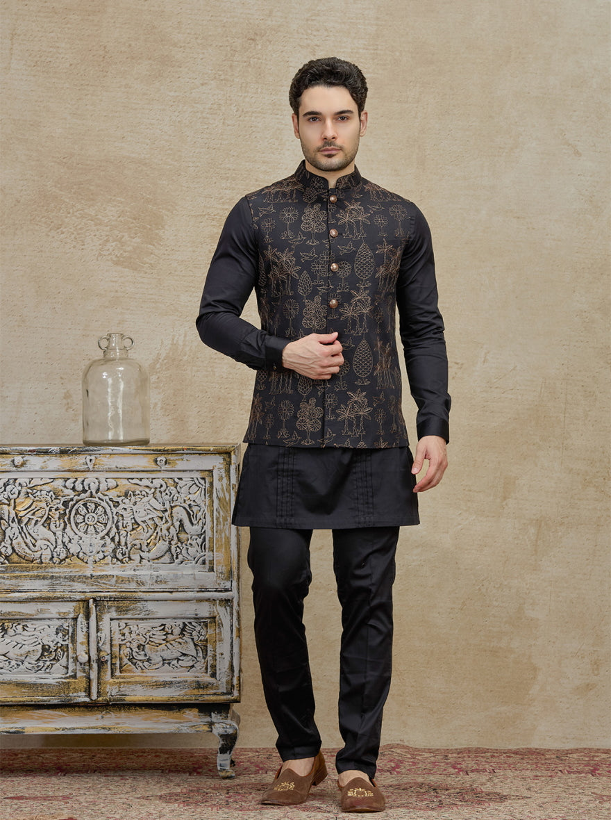 Black Embroidered Kurta Pajama with Koti | TULA