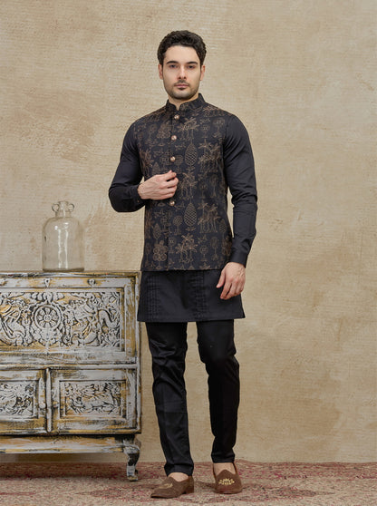 Black Embroidered Kurta Pajama with Koti | TULA