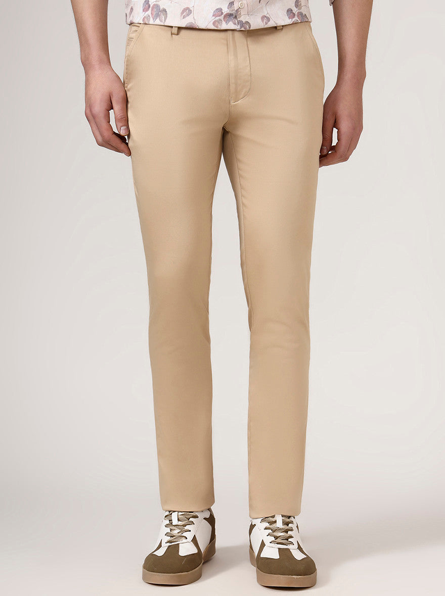Camel Beige Solid Super Slim Fit Casual Trouser | Greenfibre