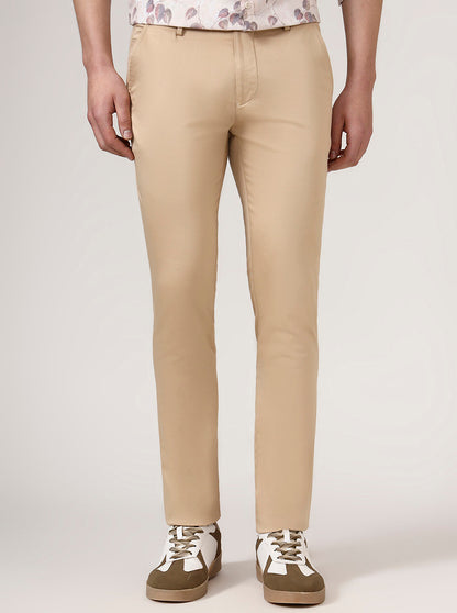 Camel Beige Solid Super Slim Fit Casual Trouser | Greenfibre