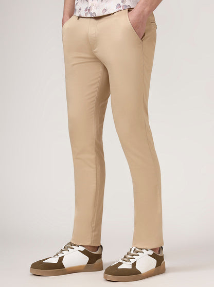 Camel Beige Solid Super Slim Fit Casual Trouser | Greenfibre