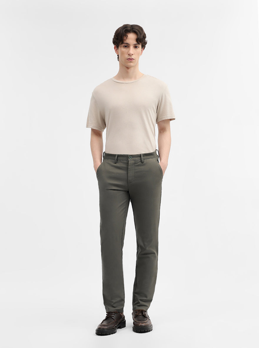 Olive Solid Uno Fit Casual Trouser | JadeBlue