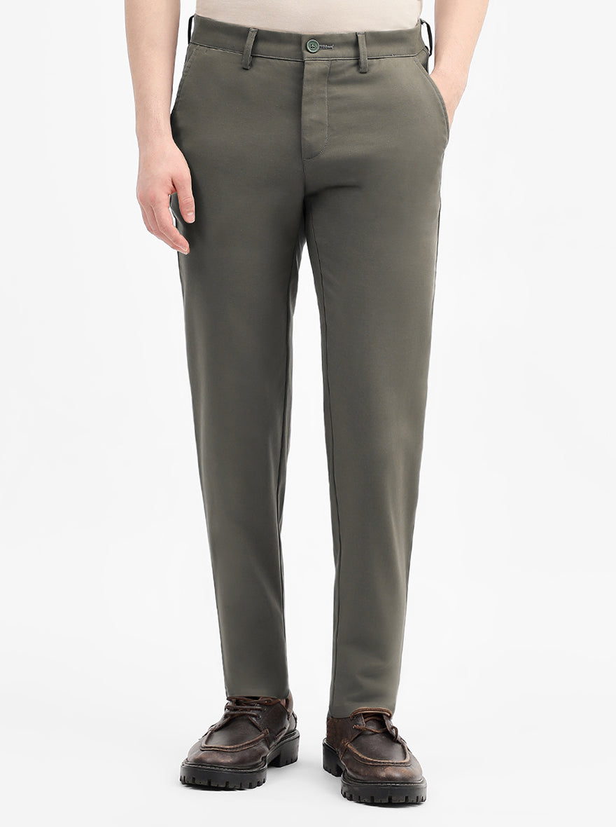 Olive Solid Uno Fit Casual Trouser | JadeBlue