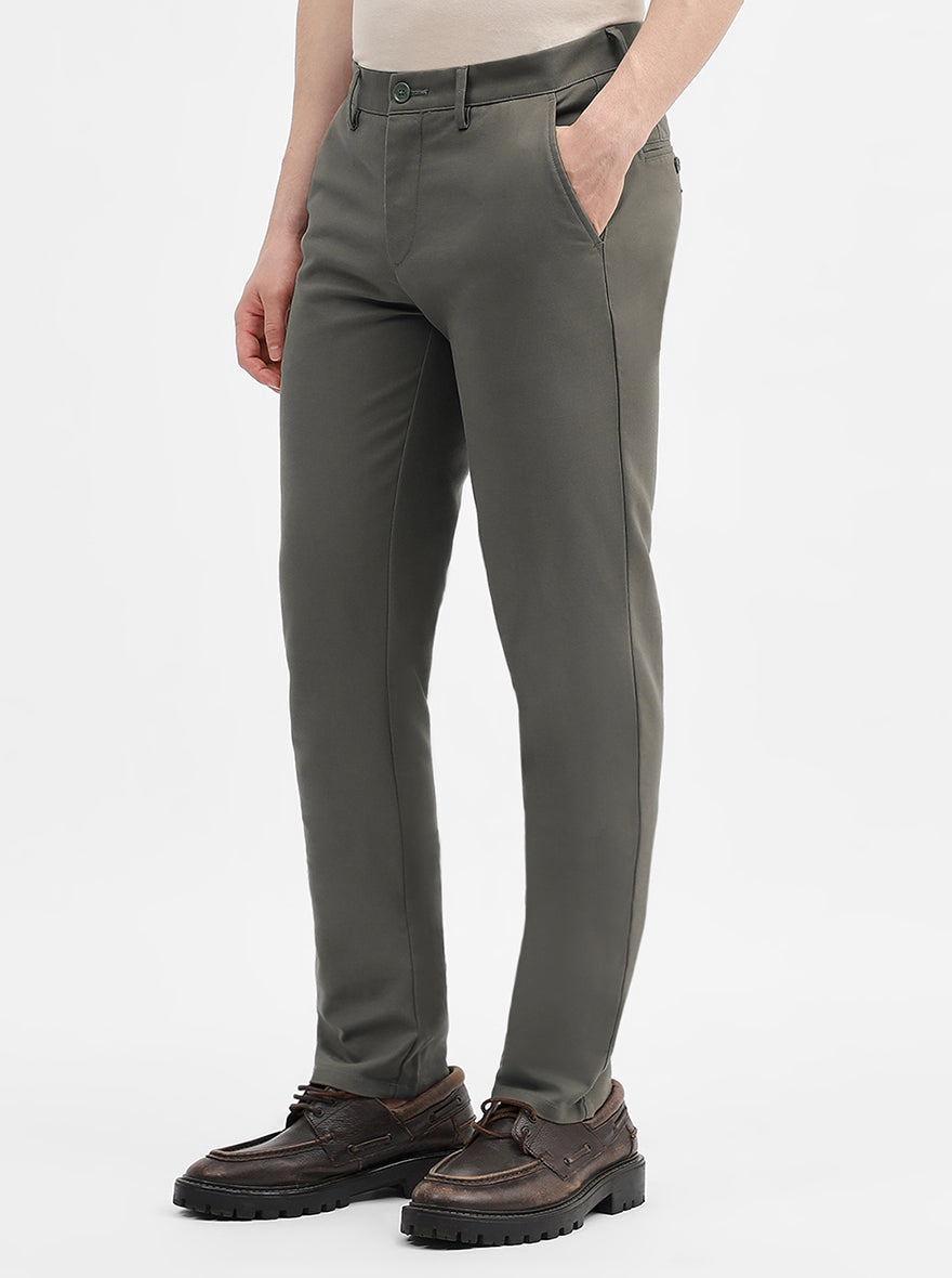 Olive Solid Uno Fit Casual Trouser | JadeBlue