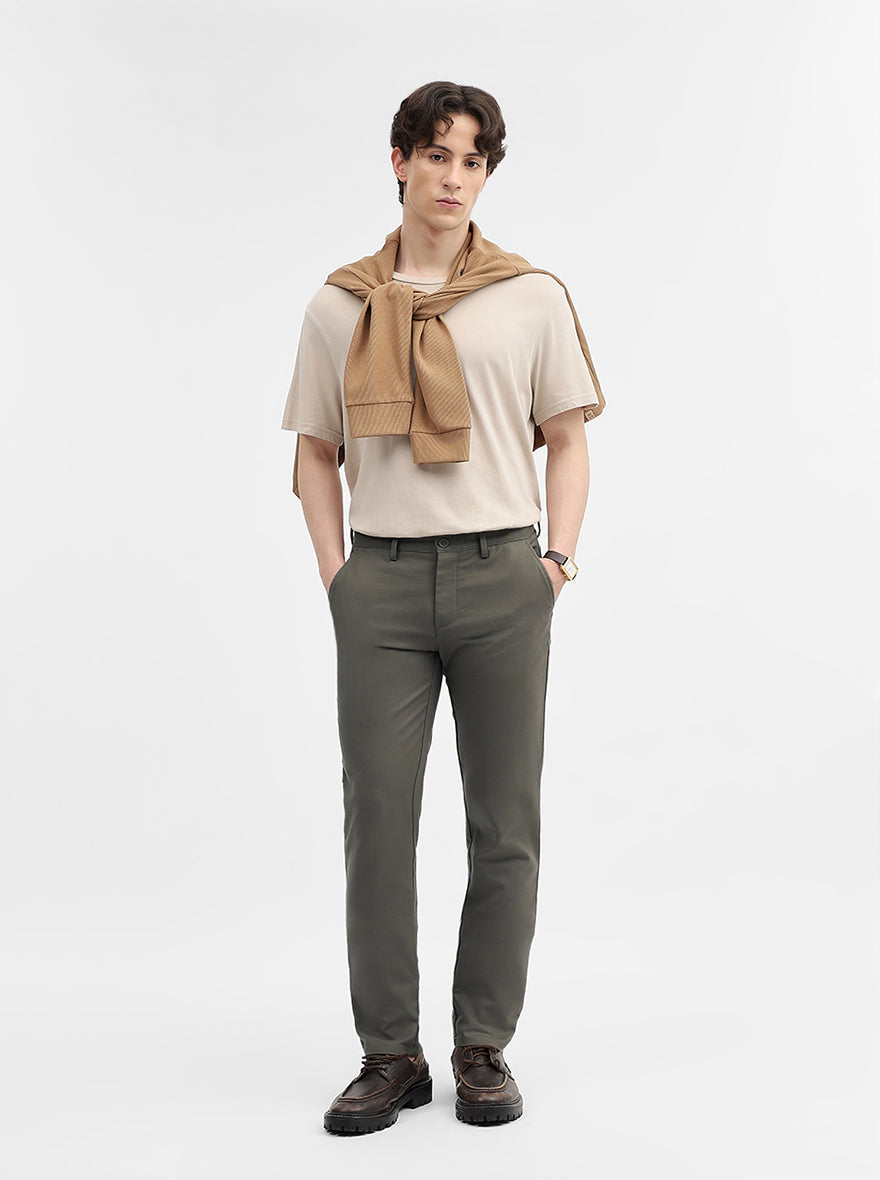 Olive Solid Uno Fit Casual Trouser | JadeBlue