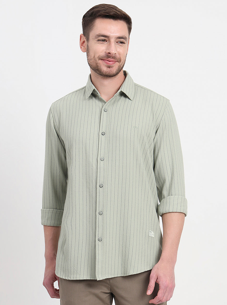 Olive Green Striped Slim Fit Casual Shirt | JadeBlue