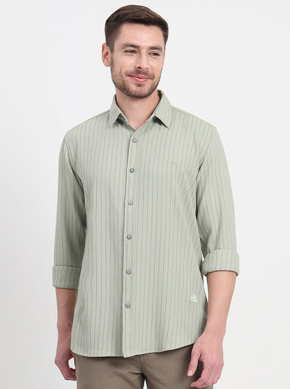 Olive Green Striped Slim Fit Casual Shirt | JadeBlue
