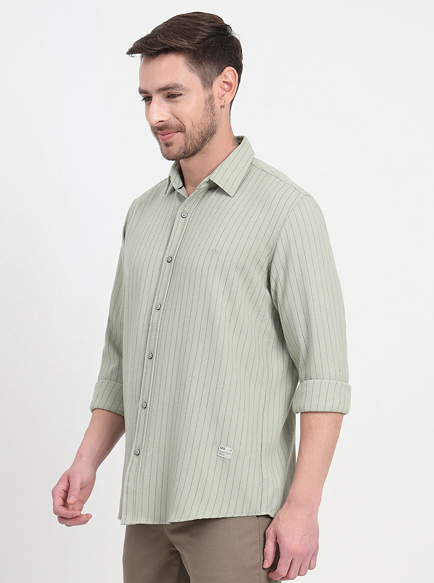 Olive Green Striped Slim Fit Casual Shirt | JadeBlue