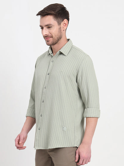 Olive Green Striped Slim Fit Casual Shirt | JadeBlue