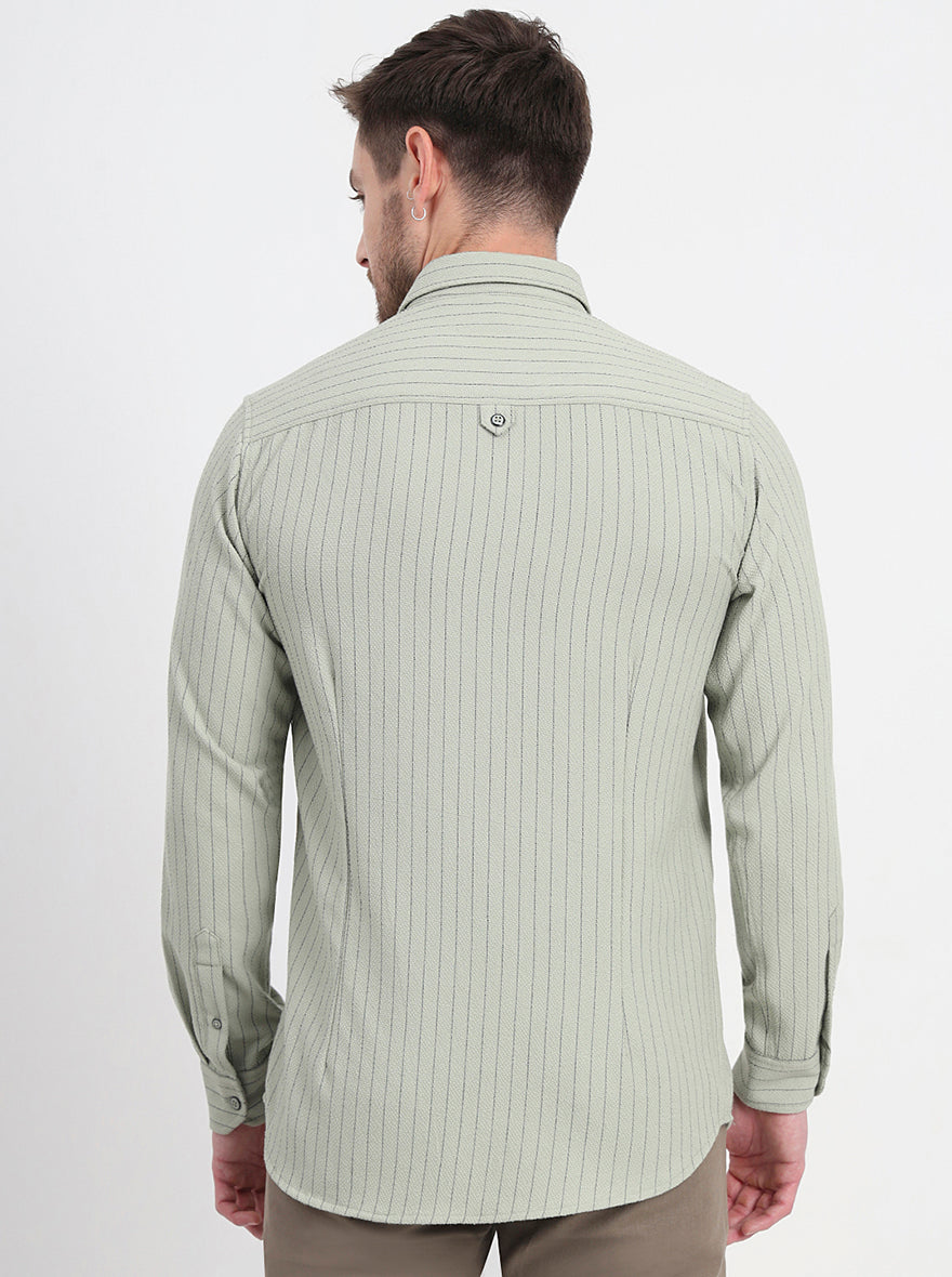 Olive Green Striped Slim Fit Casual Shirt | JadeBlue