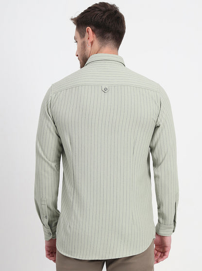 Olive Green Striped Slim Fit Casual Shirt | JadeBlue