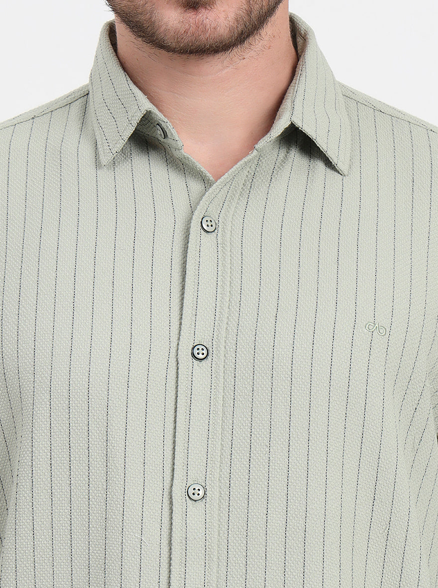 Olive Green Striped Slim Fit Casual Shirt | JadeBlue