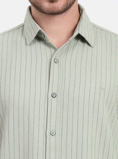 Olive Green Striped Slim Fit Casual Shirt | JadeBlue