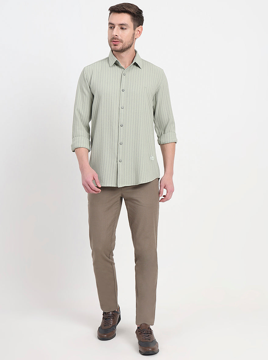 Olive Green Striped Slim Fit Casual Shirt | JadeBlue