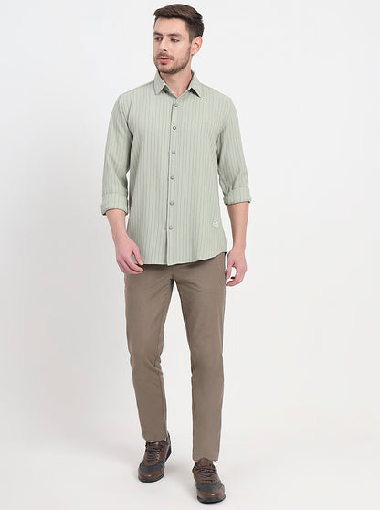 Olive Green Striped Slim Fit Casual Shirt | JadeBlue
