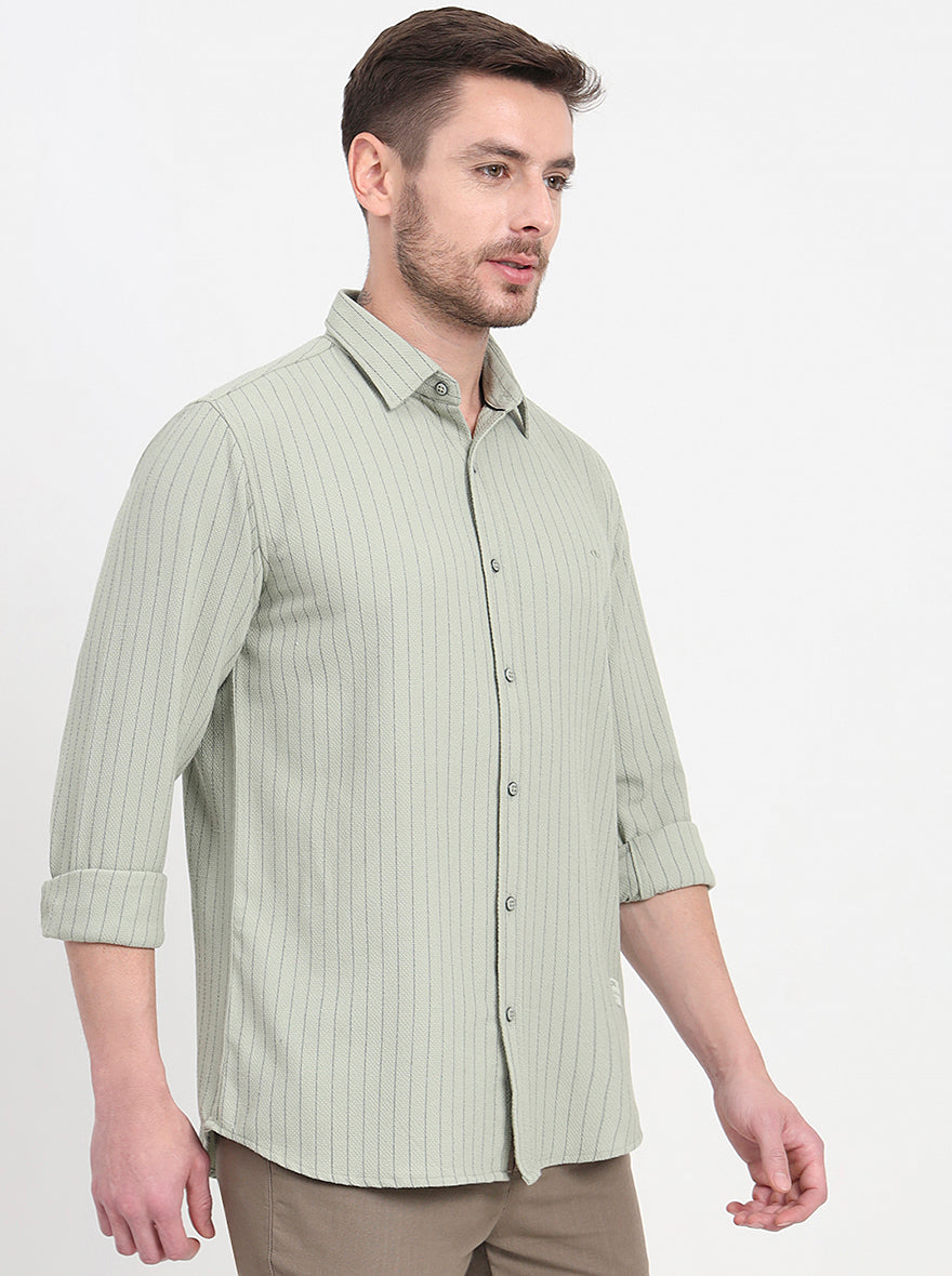 Olive Green Striped Slim Fit Casual Shirt | JadeBlue
