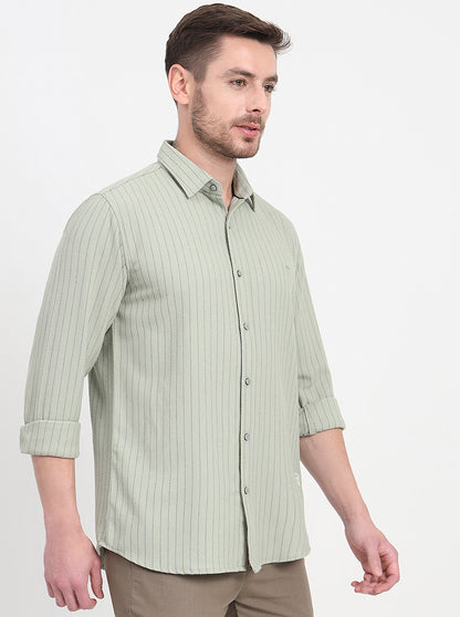 Olive Green Striped Slim Fit Casual Shirt | JadeBlue