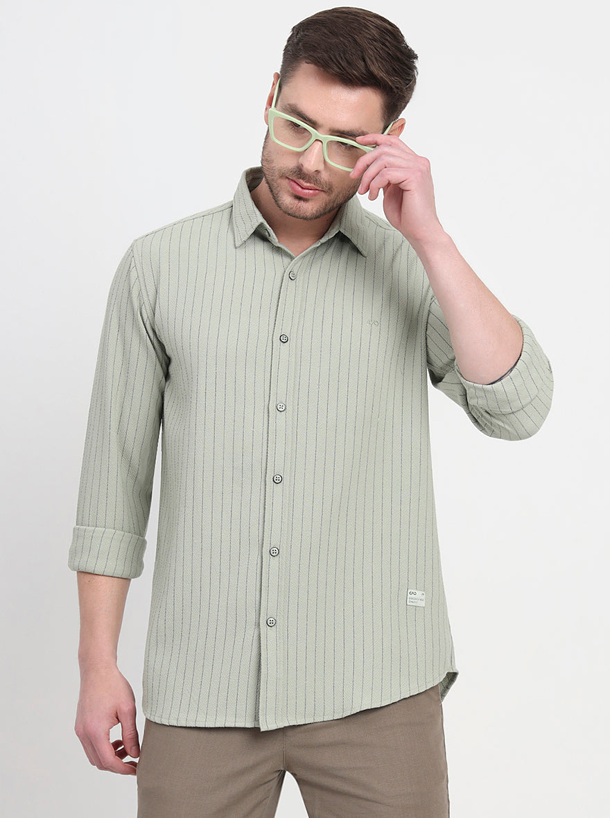 Olive Green Striped Slim Fit Casual Shirt | JadeBlue