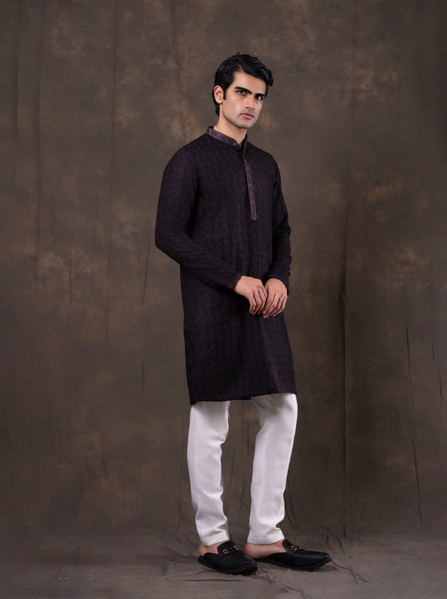 Dark Purple Self Design  Kurta Pajama | Virasana