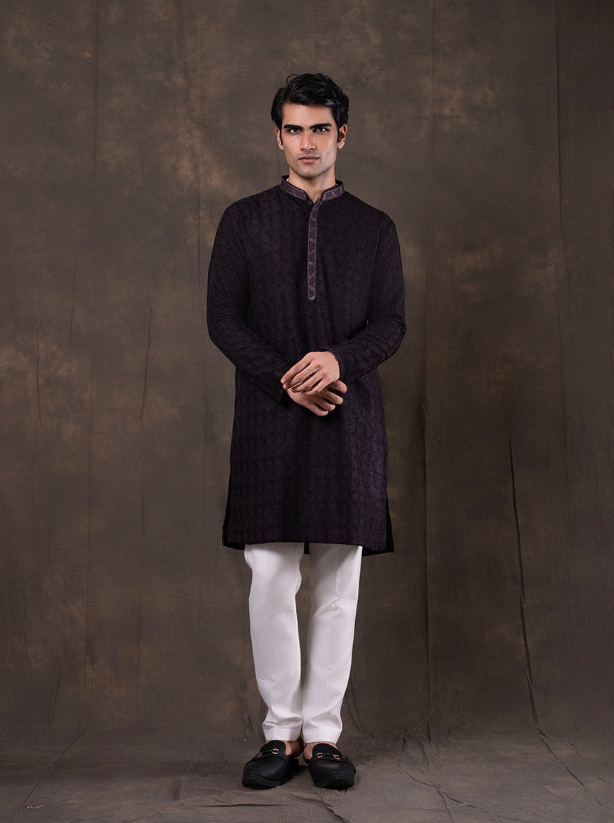 Dark Purple Self Design  Kurta Pajama | Virasana