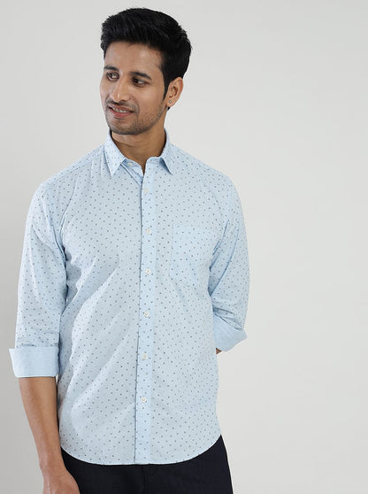 Light Blue Printed Slim Fit Semi Casual Shirt | JadeBlue