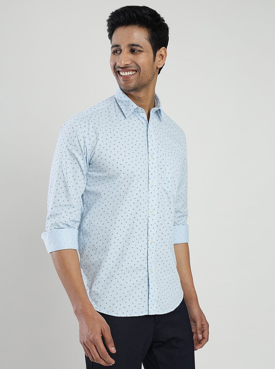 Light Blue Printed Slim Fit Semi Casual Shirt | JadeBlue
