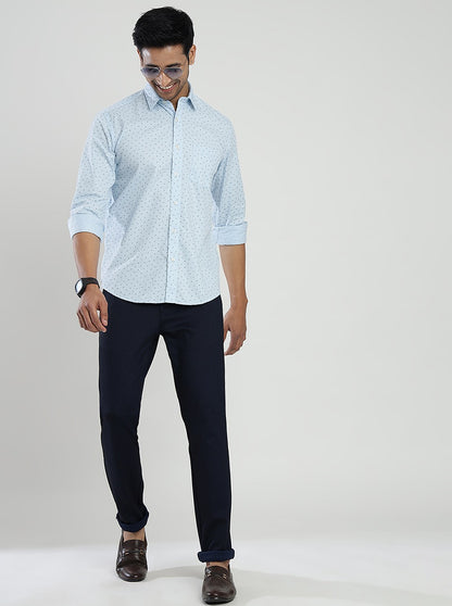 Light Blue Printed Slim Fit Semi Casual Shirt | JadeBlue