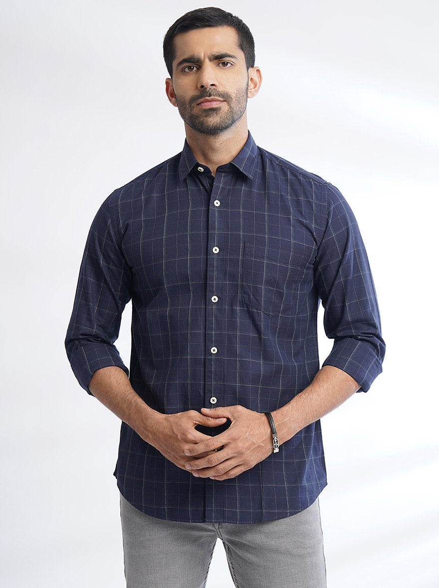 Navy Blue Checked Slim Fit Semi Casual Shirt | JadeBlue