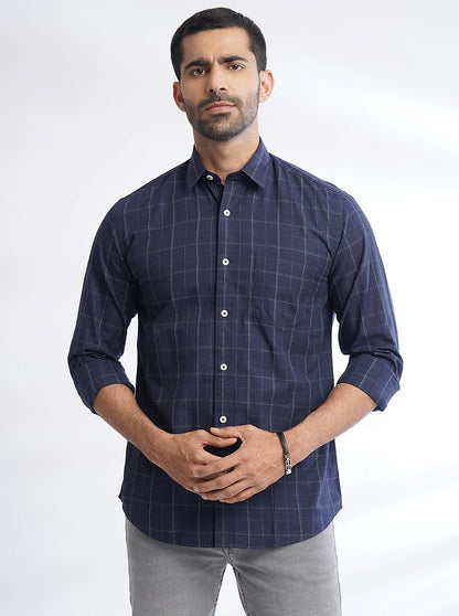 Navy Blue Checked Slim Fit Semi Casual Shirt | JadeBlue