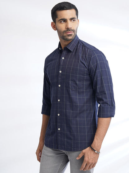 Navy Blue Checked Slim Fit Semi Casual Shirt | JadeBlue