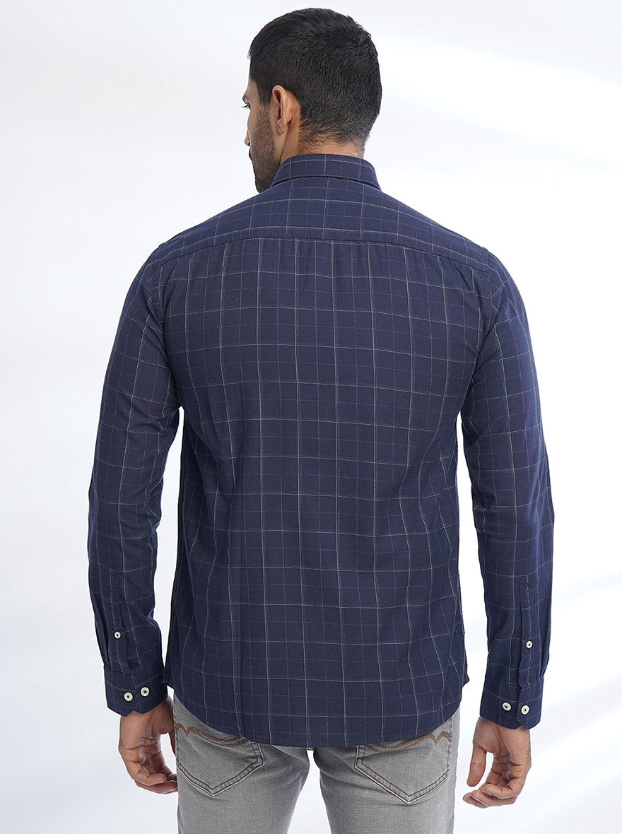 Navy Blue Checked Slim Fit Semi Casual Shirt | JadeBlue