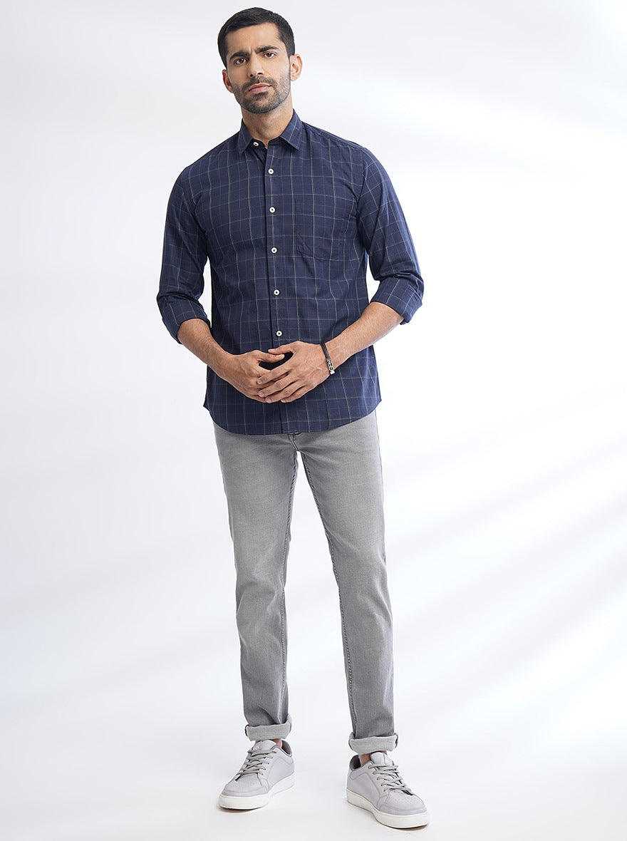 Navy Blue Checked Slim Fit Semi Casual Shirt | JadeBlue