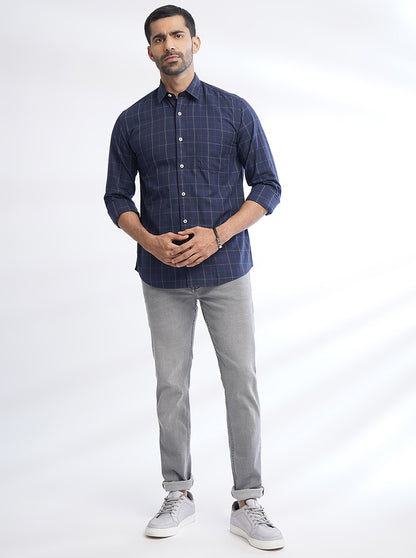 Navy Blue Checked Slim Fit Semi Casual Shirt | JadeBlue