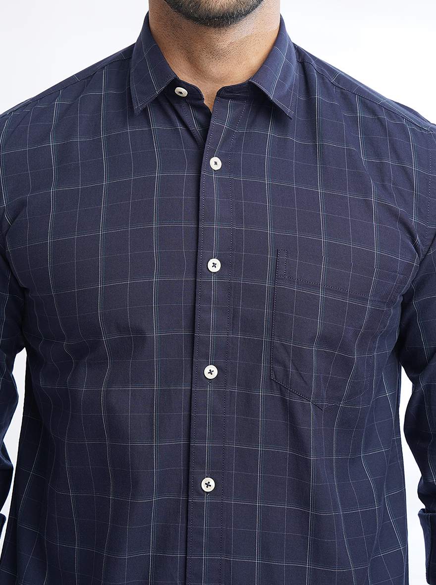 Navy Blue Checked Slim Fit Semi Casual Shirt | JadeBlue