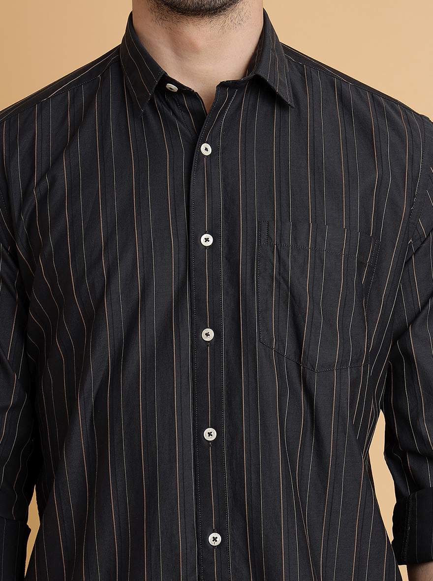 Dark Grey Striped Slim Fit Semi Casual Shirt | JadeBlue