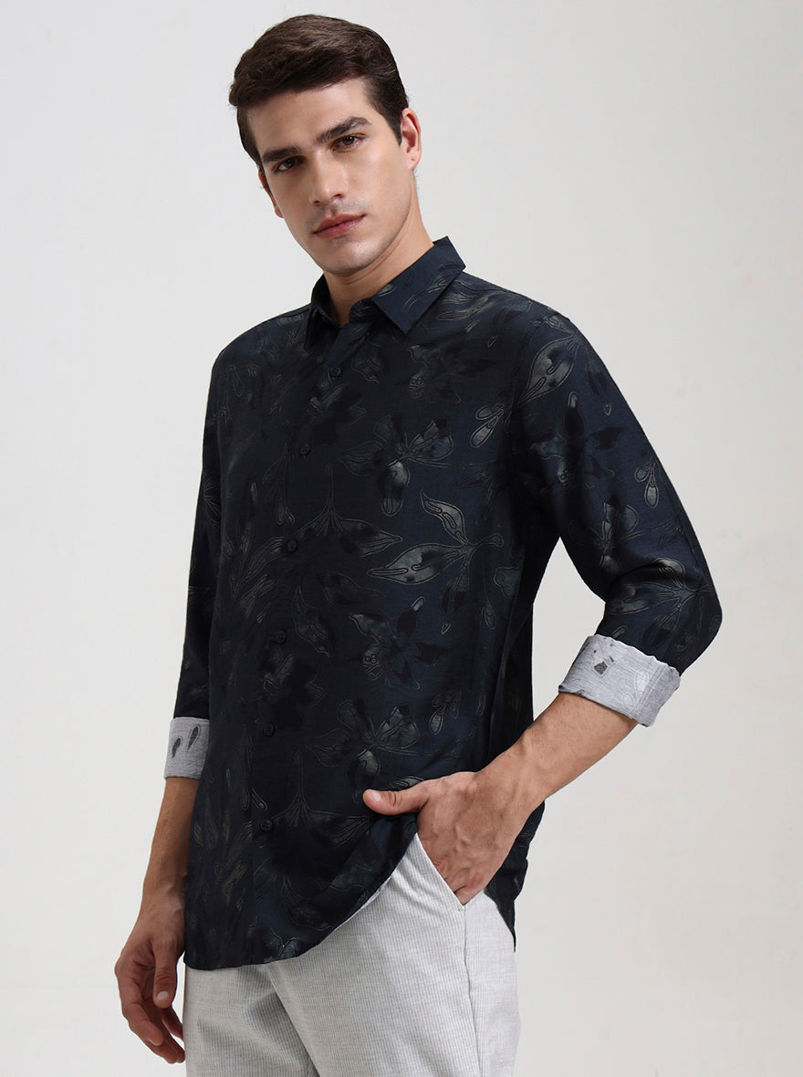Green Printed Slim Fit Casual Shirt | JadeBlue