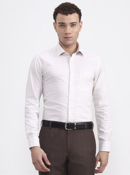 White & Fawn Checked Slim Fit Formal Shirt | JadeBlue Youth