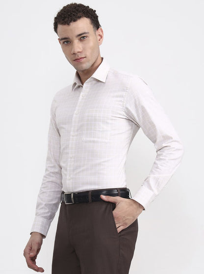 White & Fawn Checked Slim Fit Formal Shirt | JadeBlue Youth