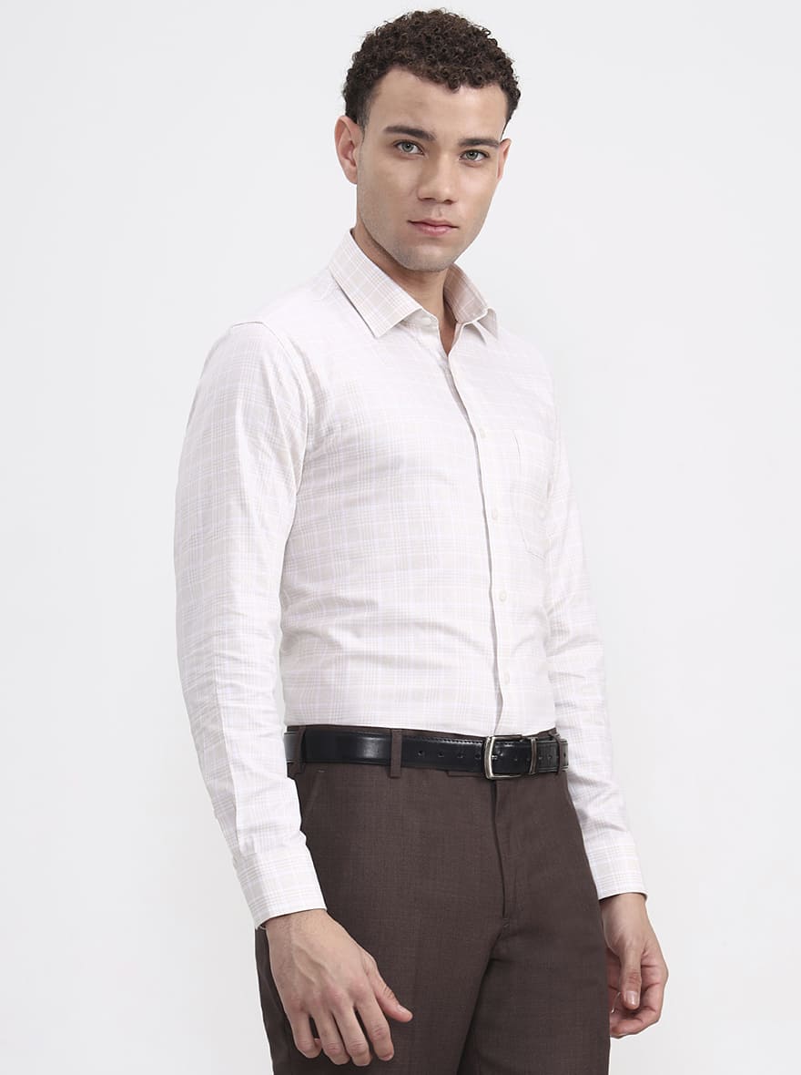 White & Fawn Checked Slim Fit Formal Shirt | JadeBlue Youth