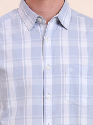 Light Blue Checked Slim Fit Casual Shirt | Greenfibre