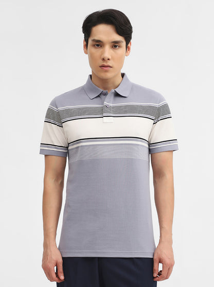 Light Grey Striped Slim Fit Polo T-Shirt | JadeBlue